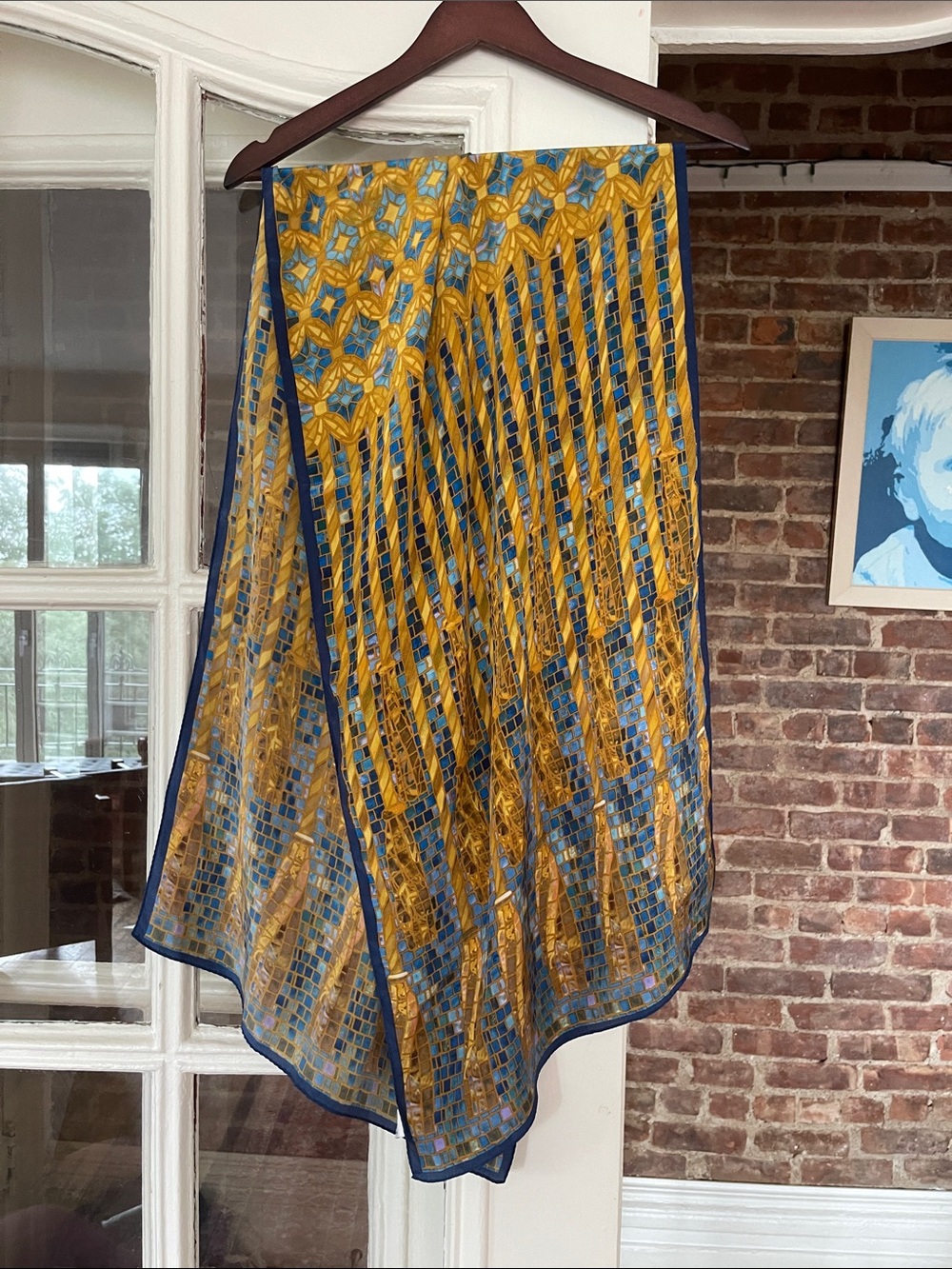 Gorgeous Blue and Gold Patterned Silk Scarf